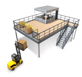 Plataforma de taller Proplus LP3 con escaleras, puerta con cerradura y cabina de taller
			