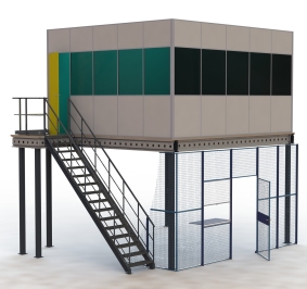 Plataforma Proplus LP3 equipada con tabiques de malla metálica y un cubículo de oficina
			