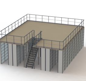 Esquema de una estantería con plataforma de un solo nivel y acceso por escaleras
			