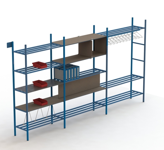 Estantería Protub 3D con tapas de estante de madera y bandejas de caño
                