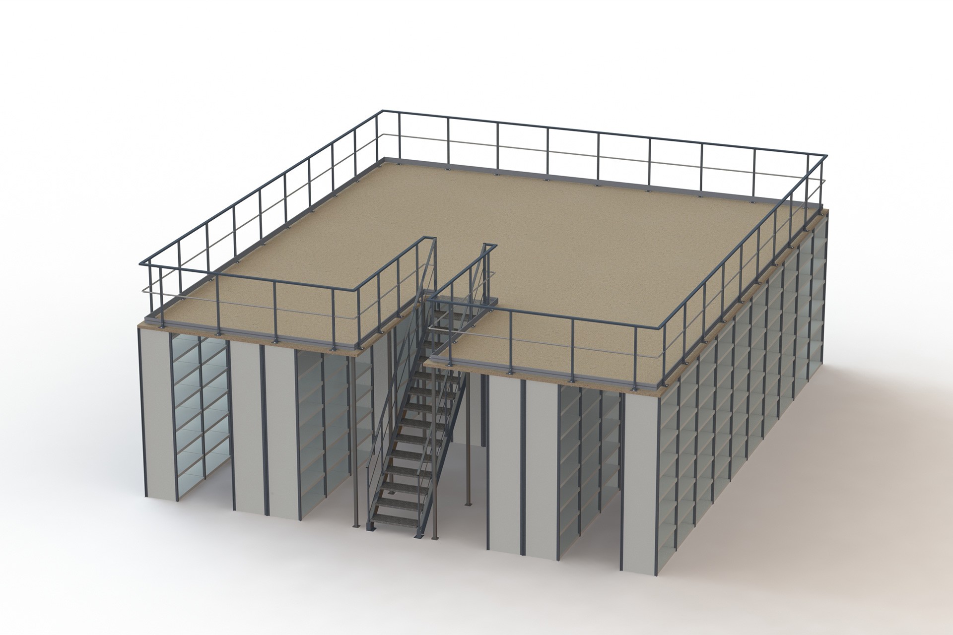 Esquema de una estantería con plataforma a un nivel y acceso por escaleras